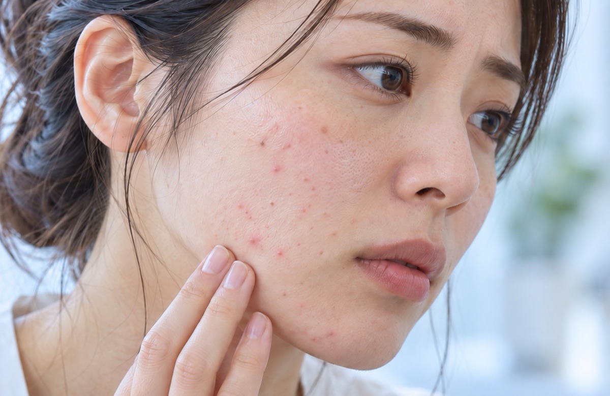 頬のニキビを気にして鏡を見る女性